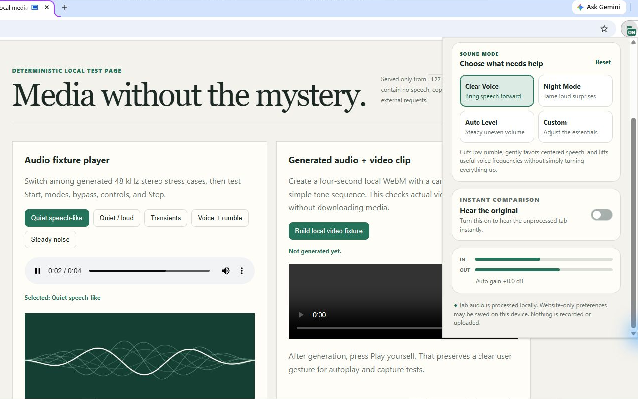 Dialogue Guard running in Chrome with Clear Voice selected and live audio meters visible.
