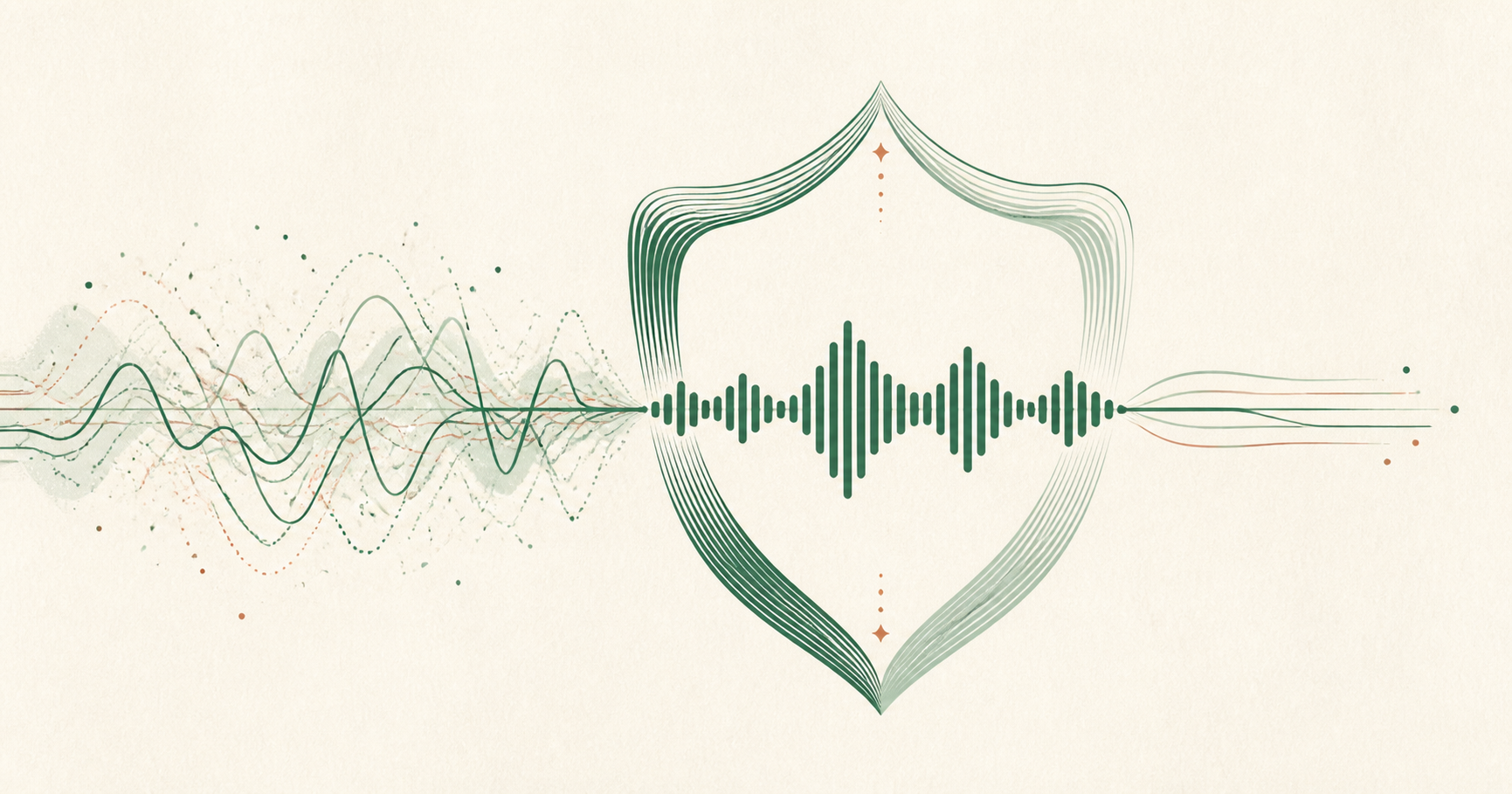 A noisy abstract waveform becoming clear inside a protective shield.